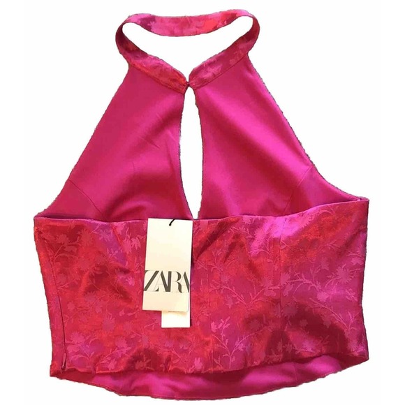 ZARA Jacquard Halter Corset Cropped Top hot Pink High Neck Button Side Zip L NWT - Picture 6 of 10